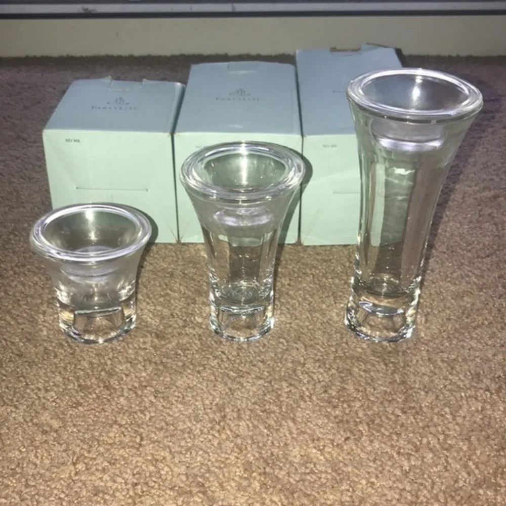 PartyLite clarity etched glass taper/tea light candle holders set of 3 NIB - Picture 1 of 11